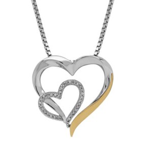 Double heart .13ct diamond 14k gold and sterling silver pendant